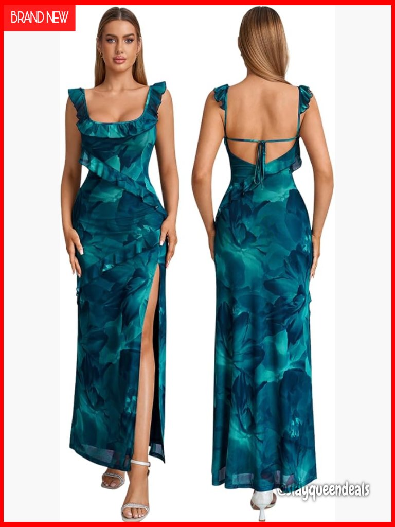 Floral Maxi Dress Ruffle Sleeve Lace Up Back High Split Square Neck Formal